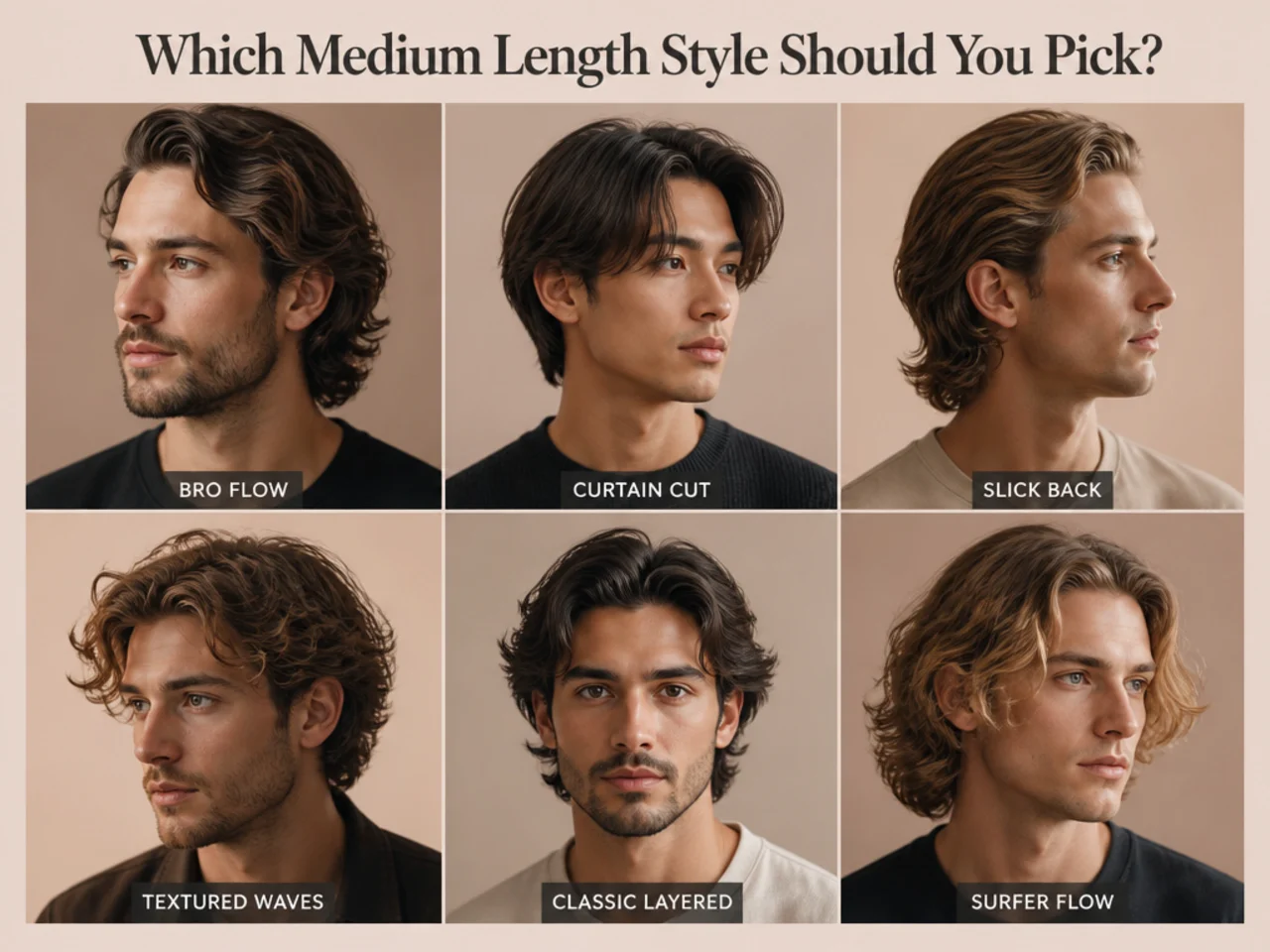 Decision-tree illustration of medium length haircut options based on time budget, hair type, and workplace