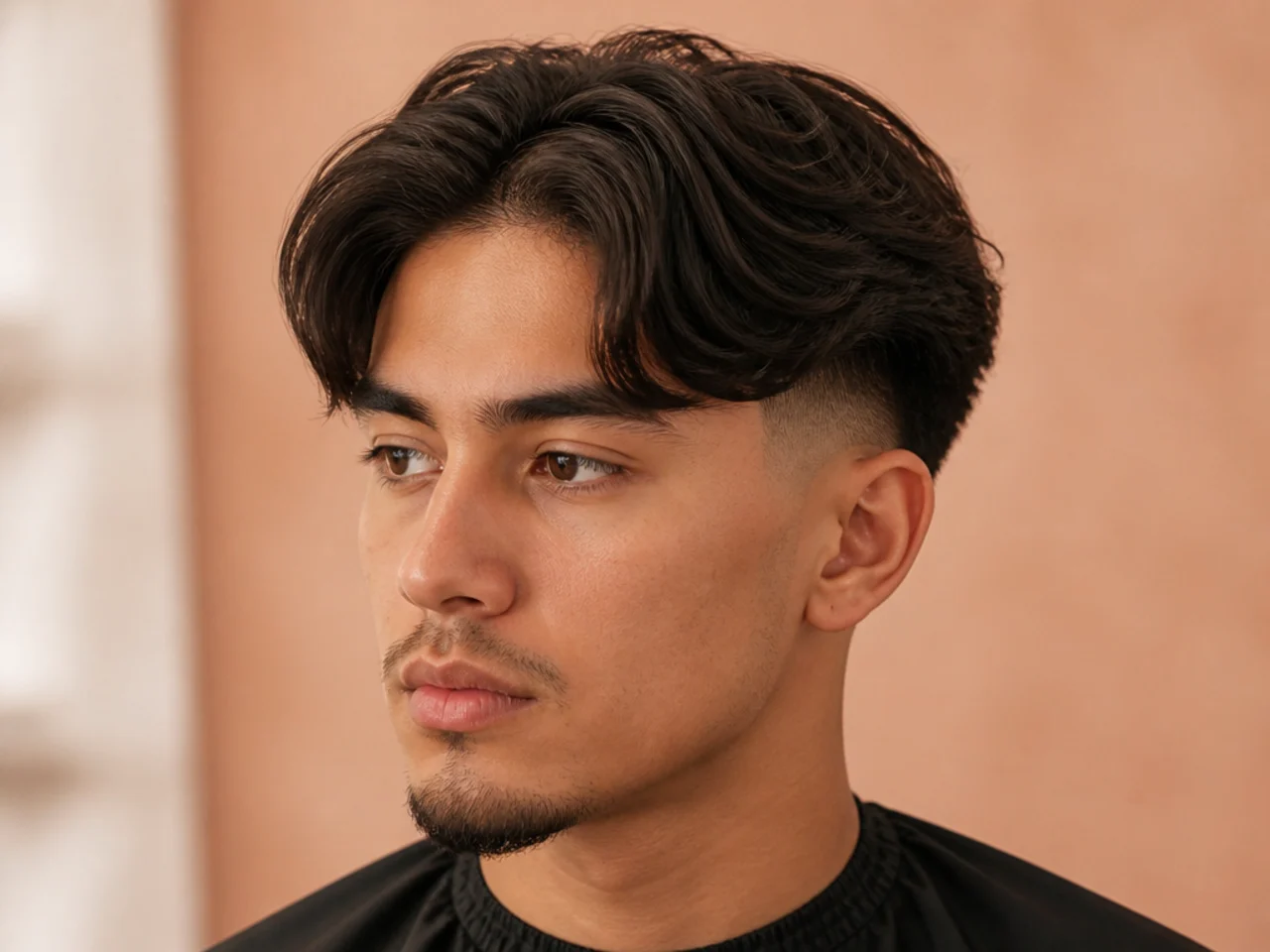 Middle part with a burst fade arcing around the ear on textured wavy hair