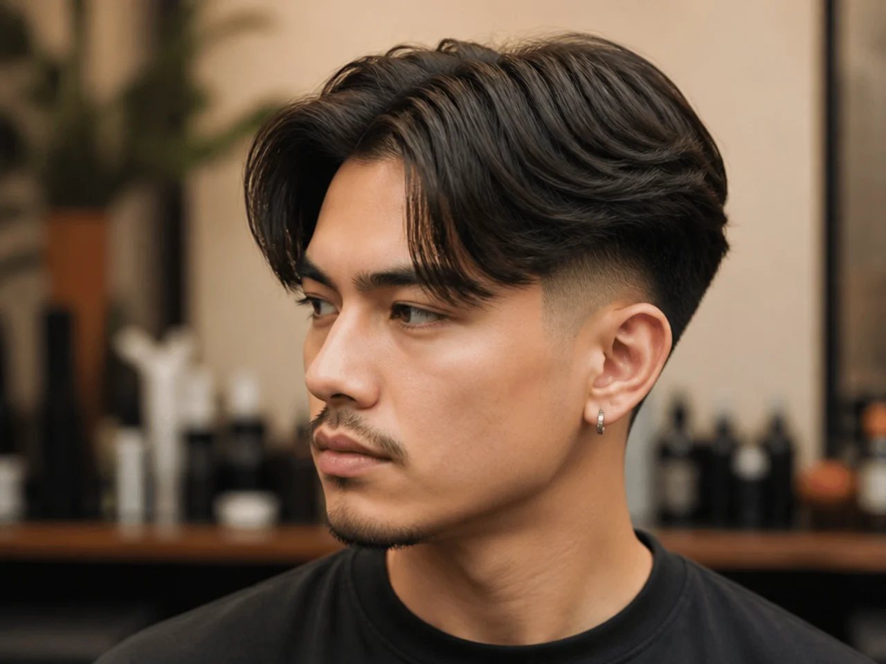 Middle part with a drop fade arcing down behind the ear on medium wavy hair
