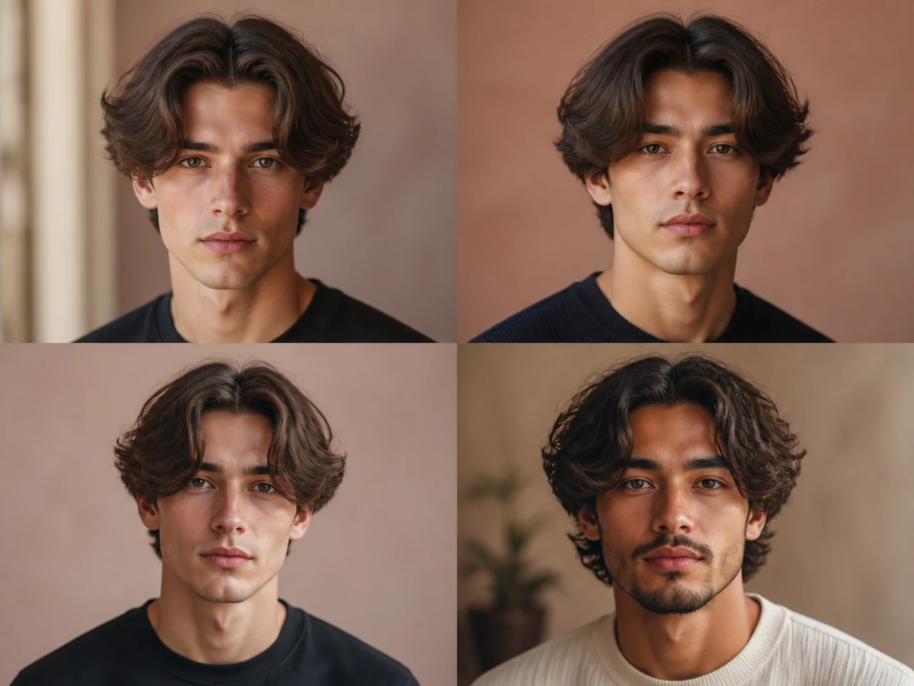 Medium middle part with dense connected sides sitting past the ear on wavy hair