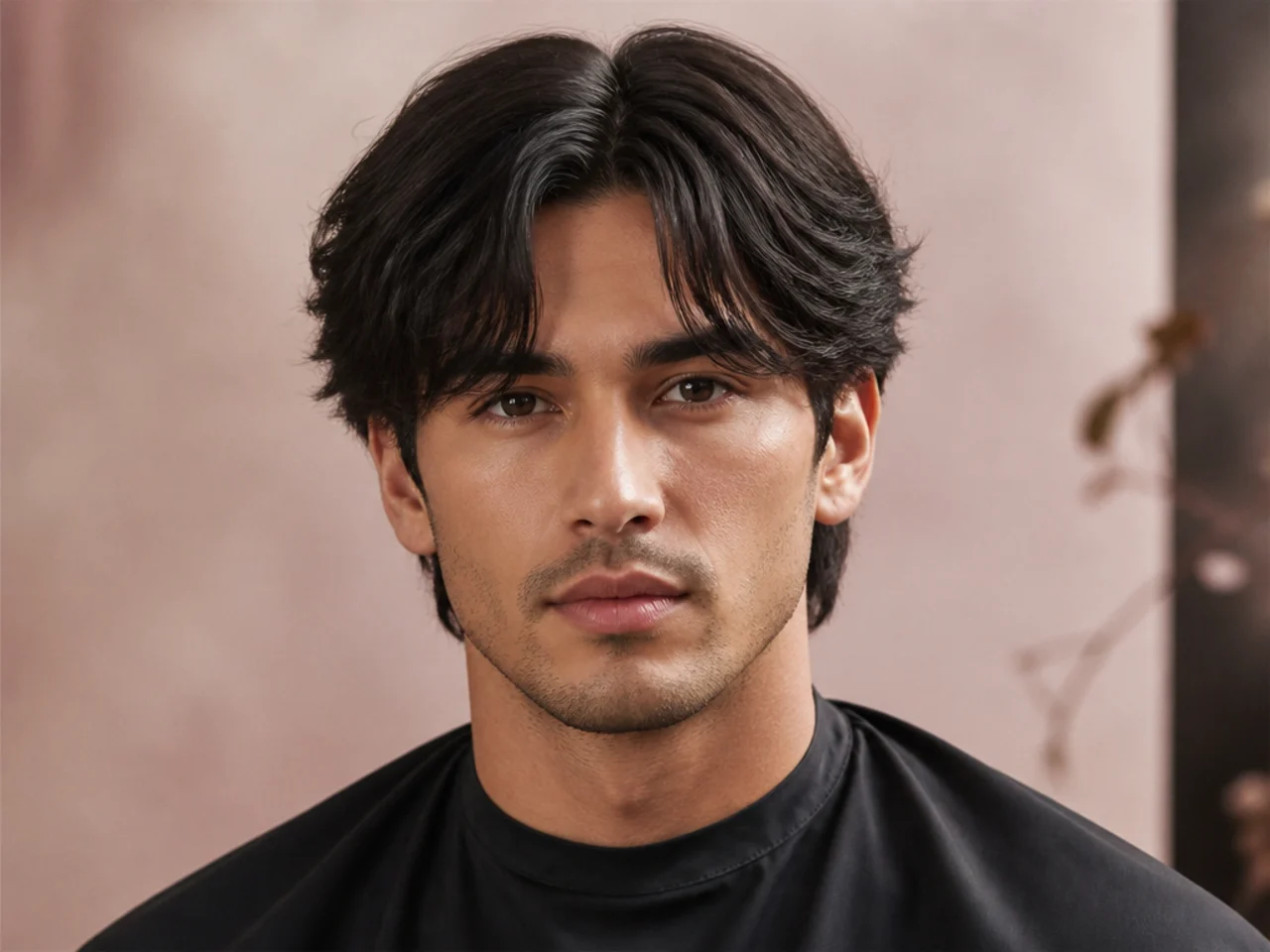 Short middle part with brow-length fringe pieces on straight hair