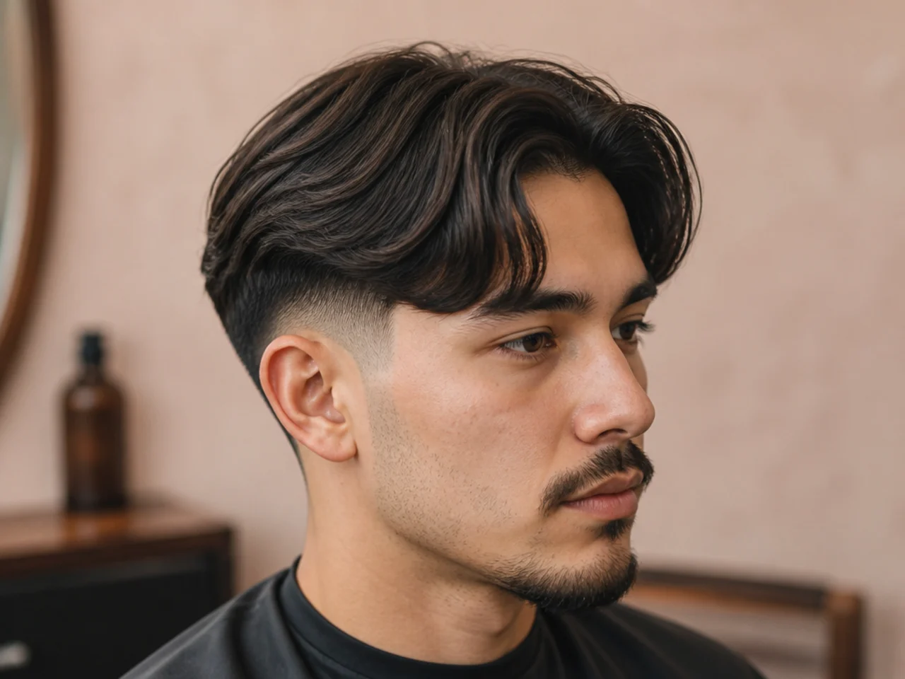 Rounded curtain middle part with a low fade and horizontal weight through the mid-shaft on wavy hair
