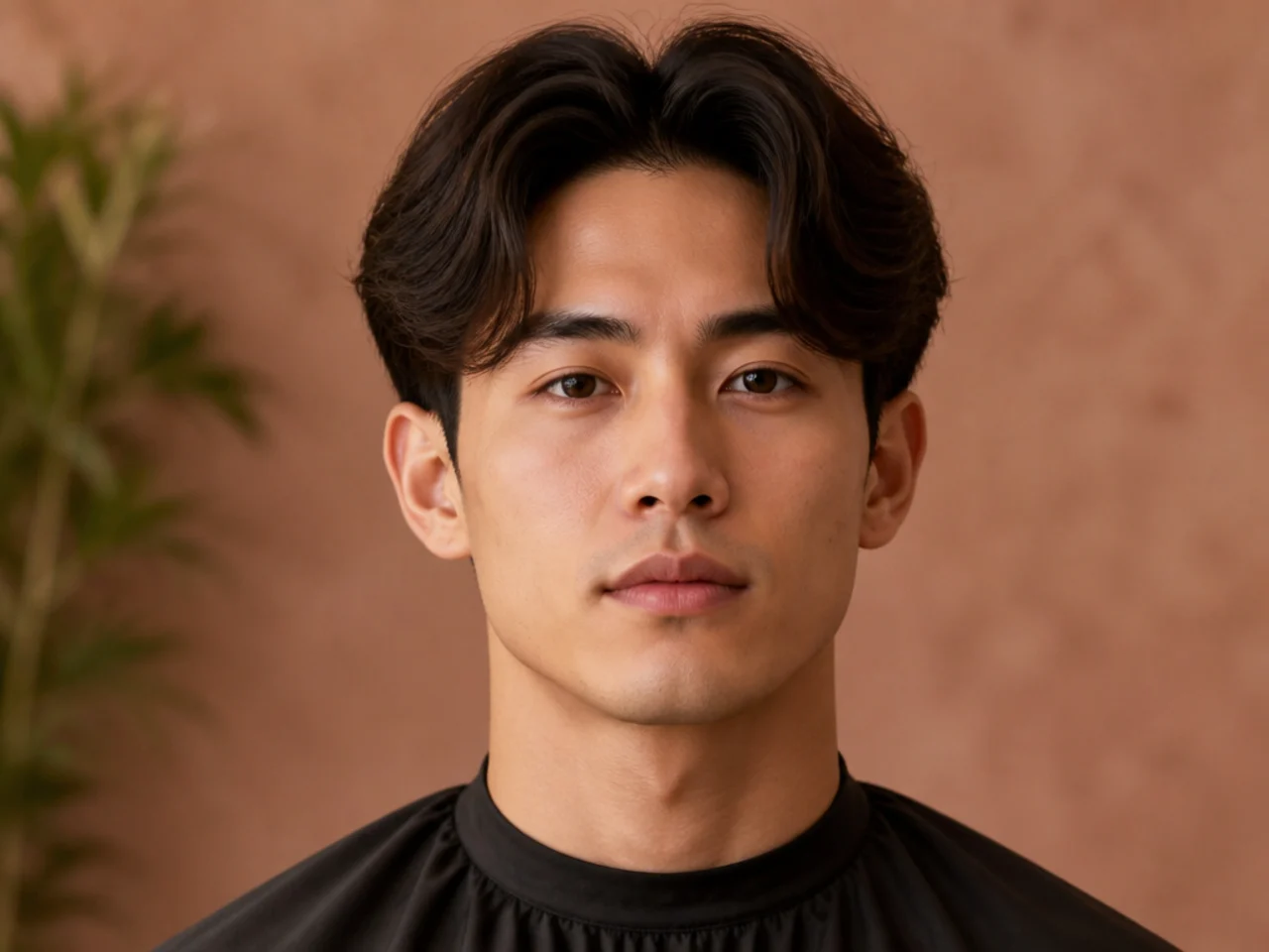 Mid-length middle part with a low taper fade dropping behind the ear on wavy hair