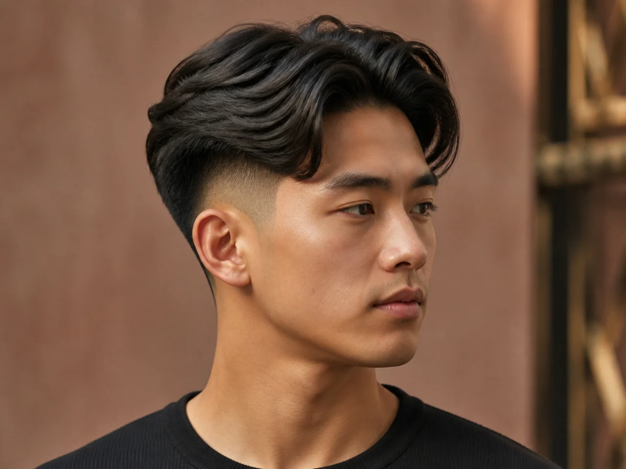 Voluminous middle part with a high fade lifting the crown on straight hair