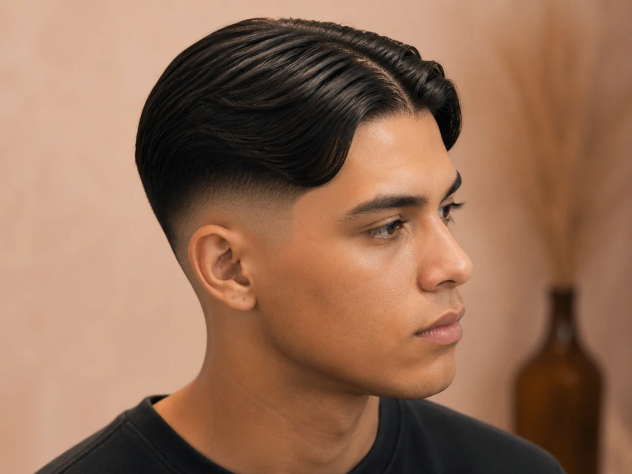 Sleek middle part with a skin fade on the sides and a five-inch curtain top