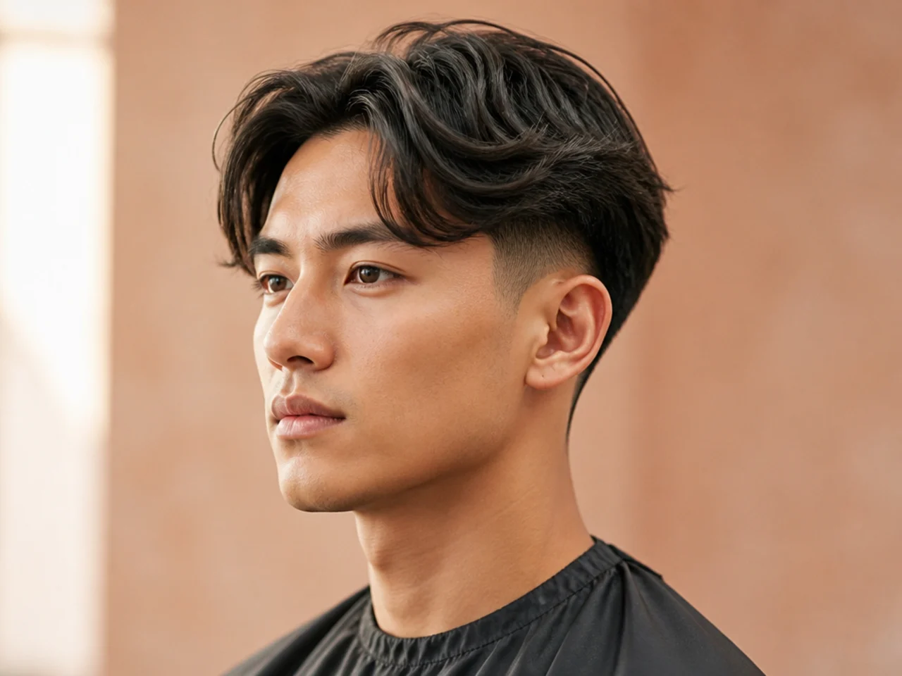 Soft textured middle part with a low fade and heavily point-cut ends on wavy hair