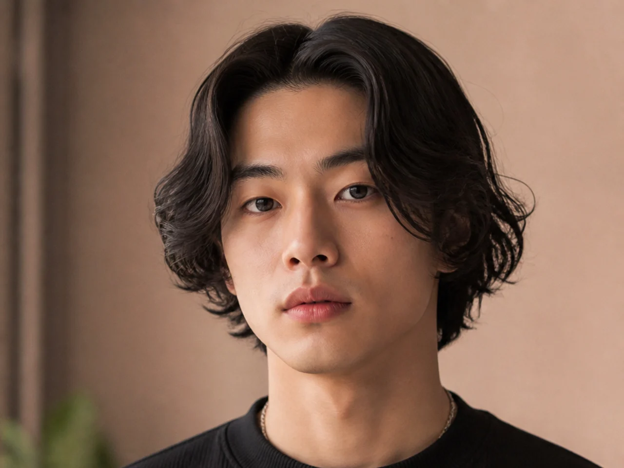 Chin-length parted curtains middle part with blunt jaw-length ends