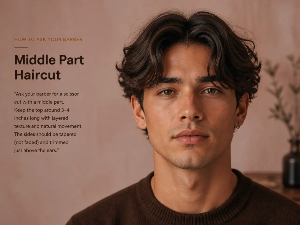 Client showing a barber a photo reference for a face-shape-matched middle part haircut