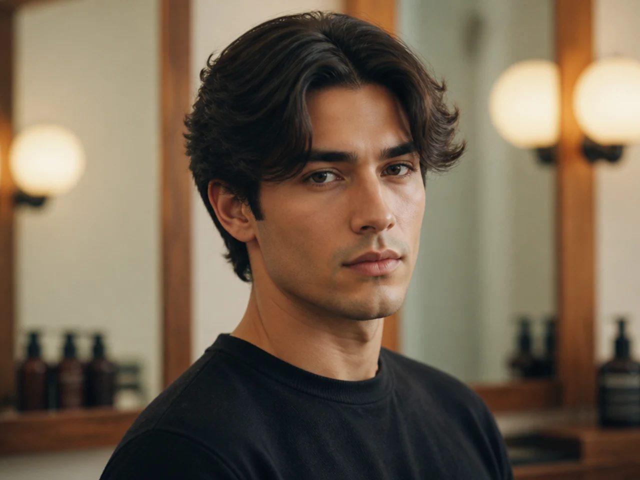 Middle part styling products and tools laid out on a warm-toned barber counter