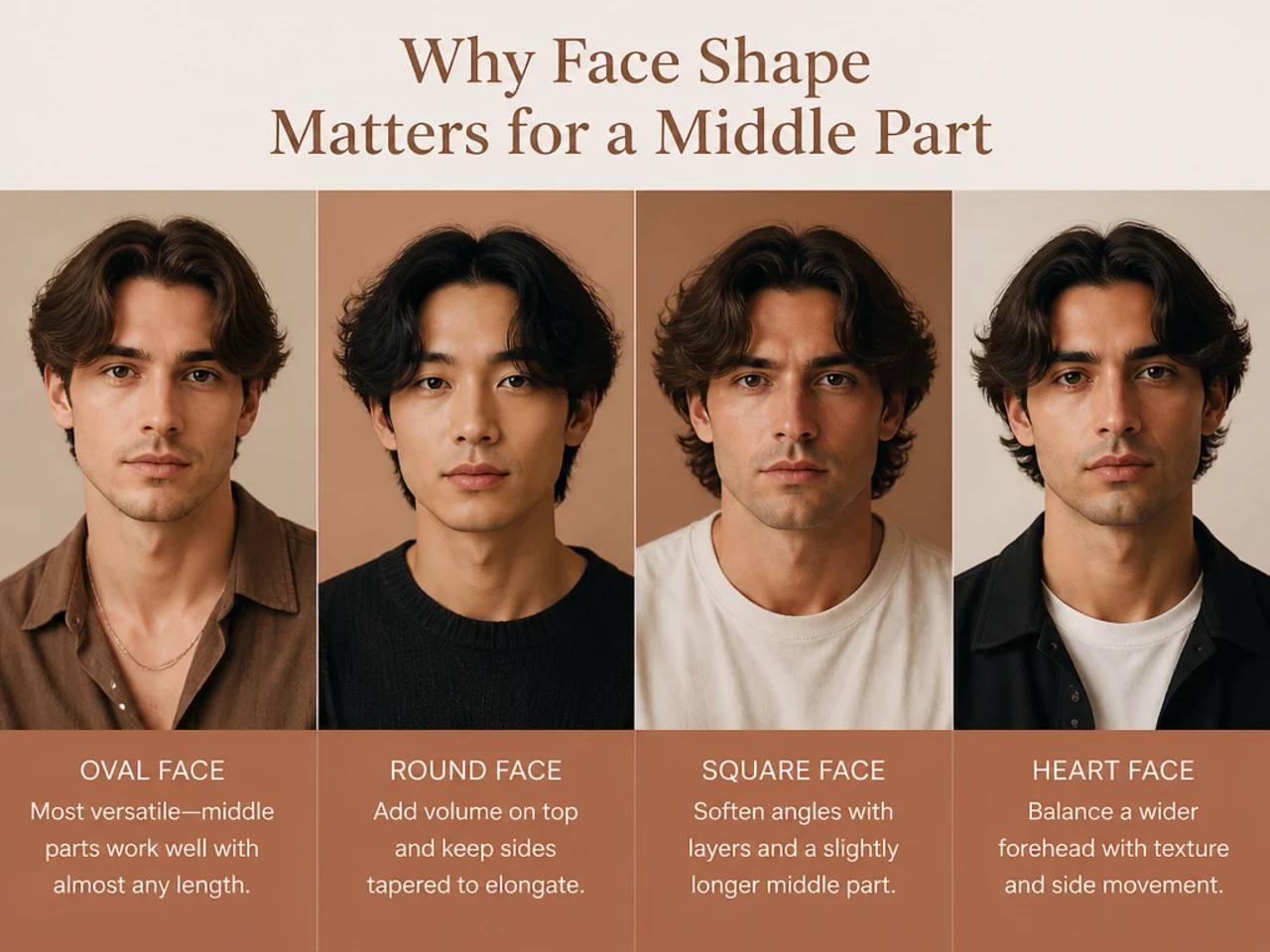 Why face shape matters for a middle part haircut on men across six face shapes