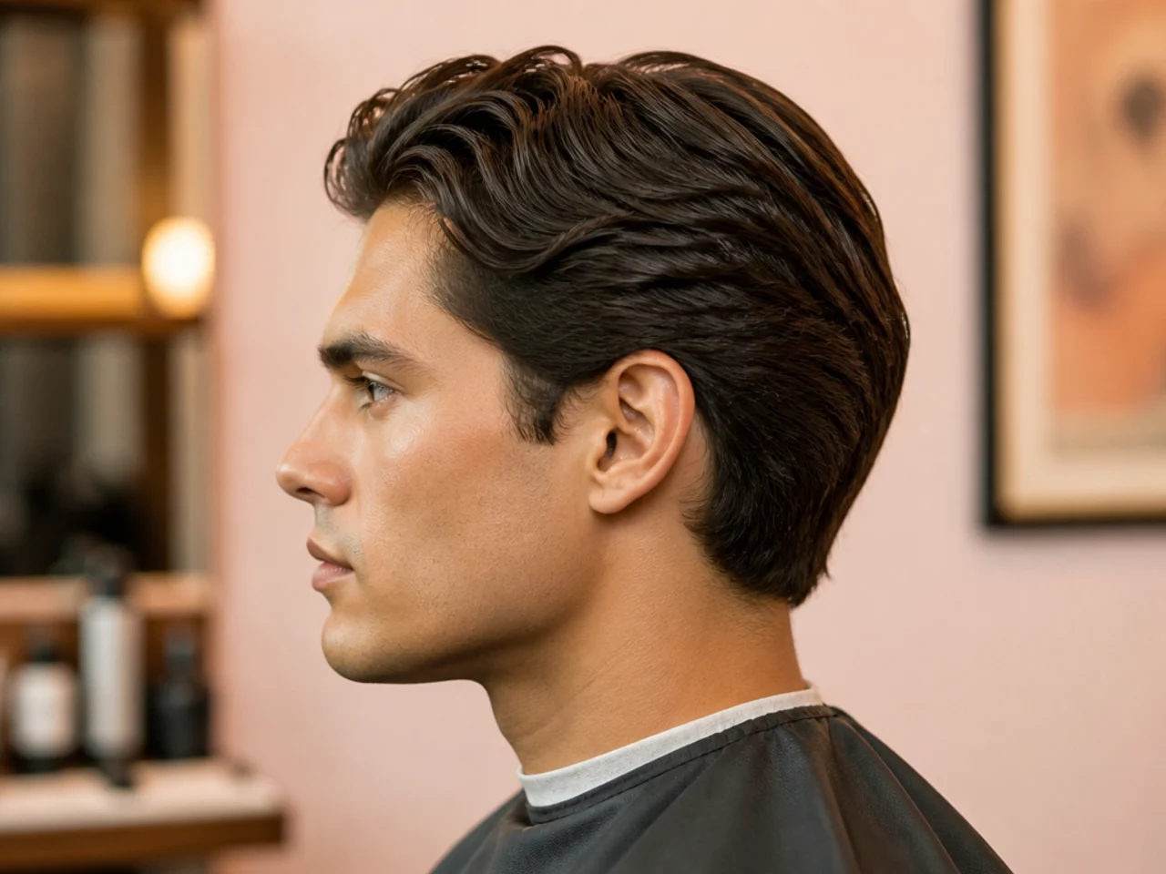 Barber and client at the chair with a phone reference photo of a tailored old money side part