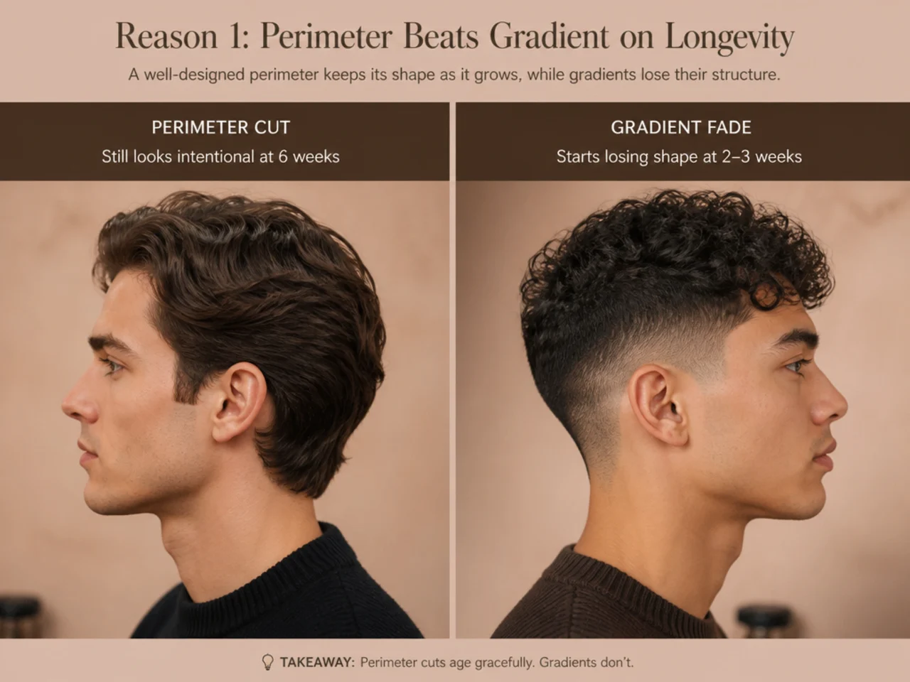 Close-up of a scissor-tapered perimeter at the sideburn showing crisp edge without a clipper line