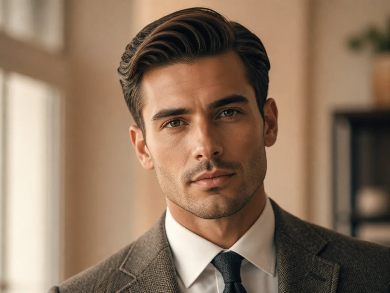 Editorial portrait of a man in a tailored side part photographed in warm natural light for a magazine feature
