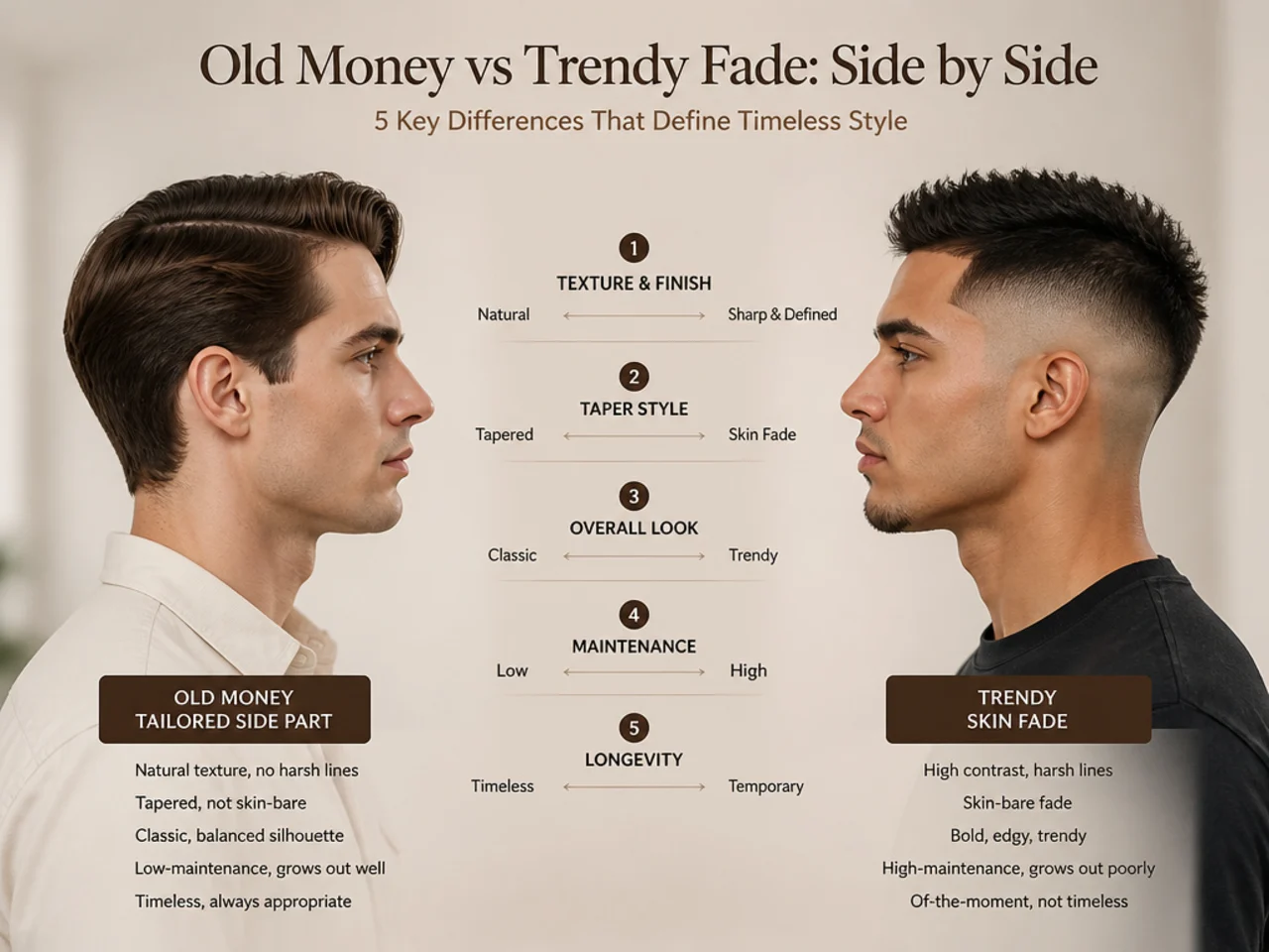 Editorial comparison of five axes between an old money tailored side part and a trendy skin fade
