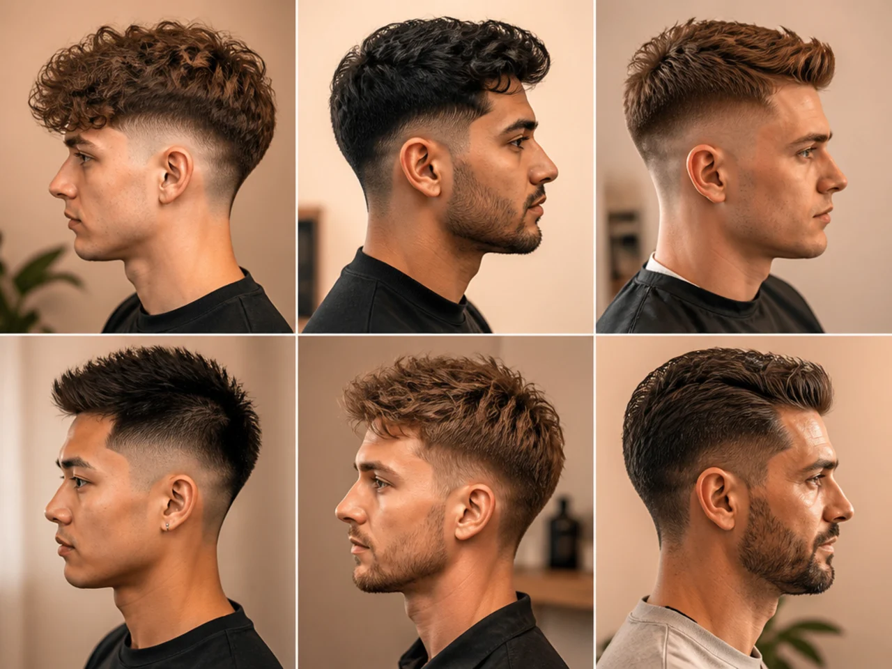 Editorial three-quarter portrait of a modern high skin fade with textured top, hard part, and clean line-up