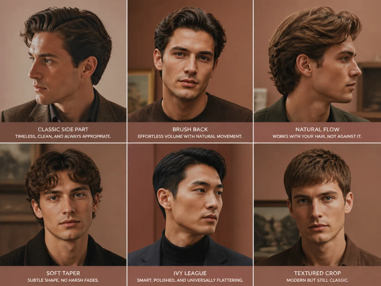 Editorial three-quarter portrait of a tailored old money side part with matte finish and scissor-taper sides