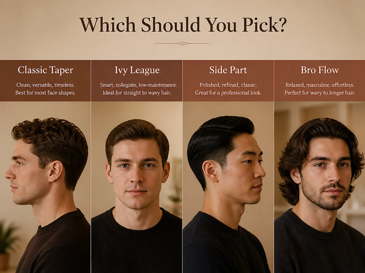 Barber holding two reference photos — tailored side part on the left, high skin fade on the right