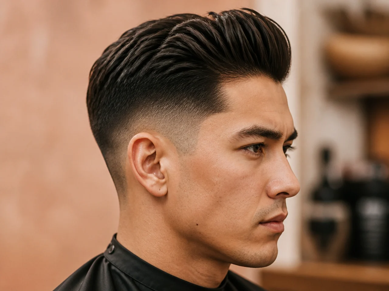 Low fade quiff with soft transition at the sideburn and lifted top