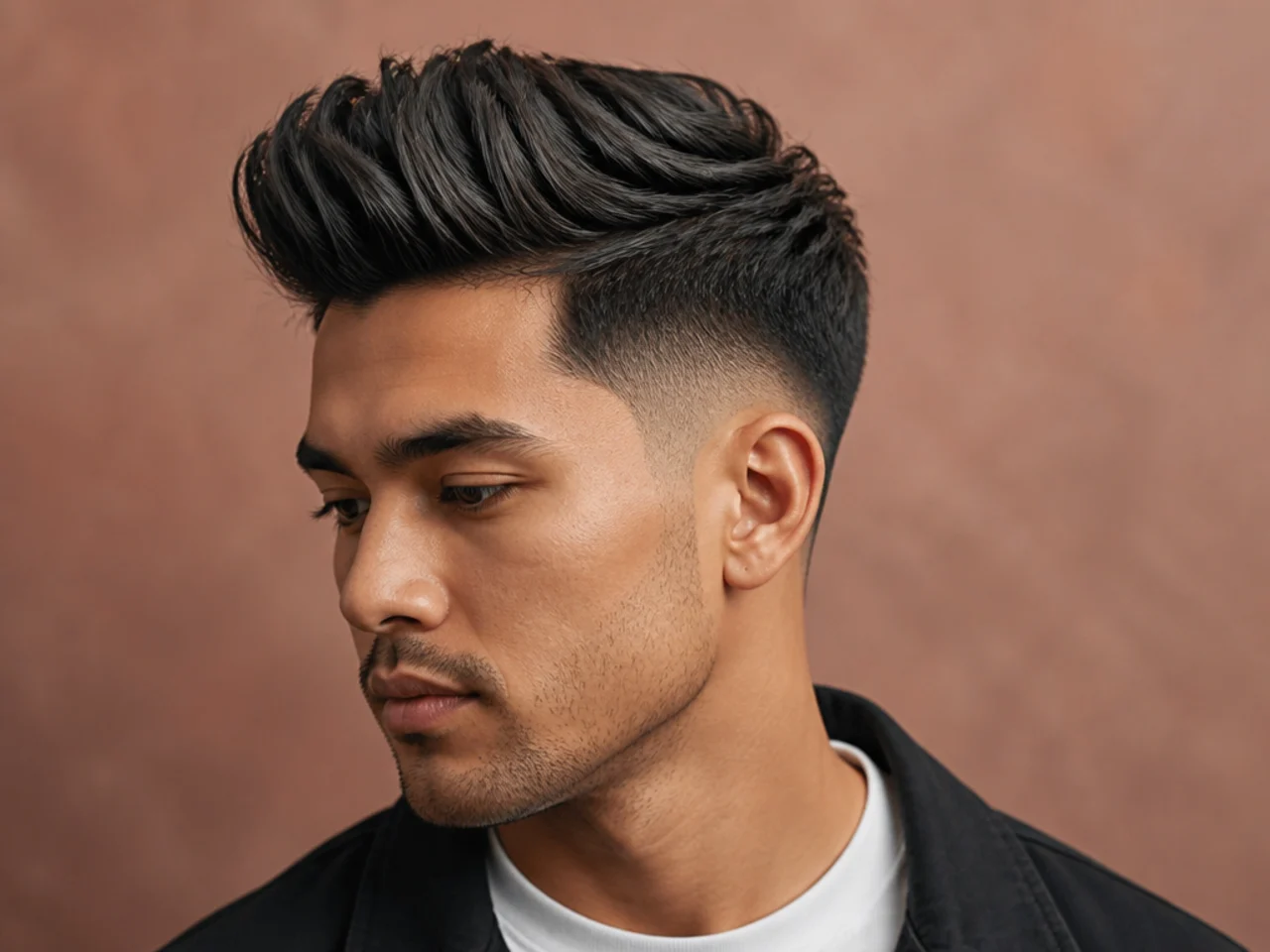 Mid fade quiff with fade at the temples and textured top