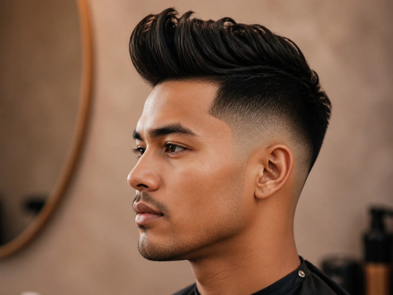 High fade quiff with fade climbing above the temple and lifted top