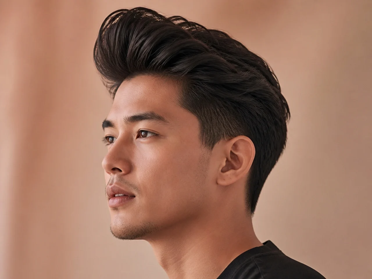 Long quiff with 7-inch top swept back and clean tapered sides