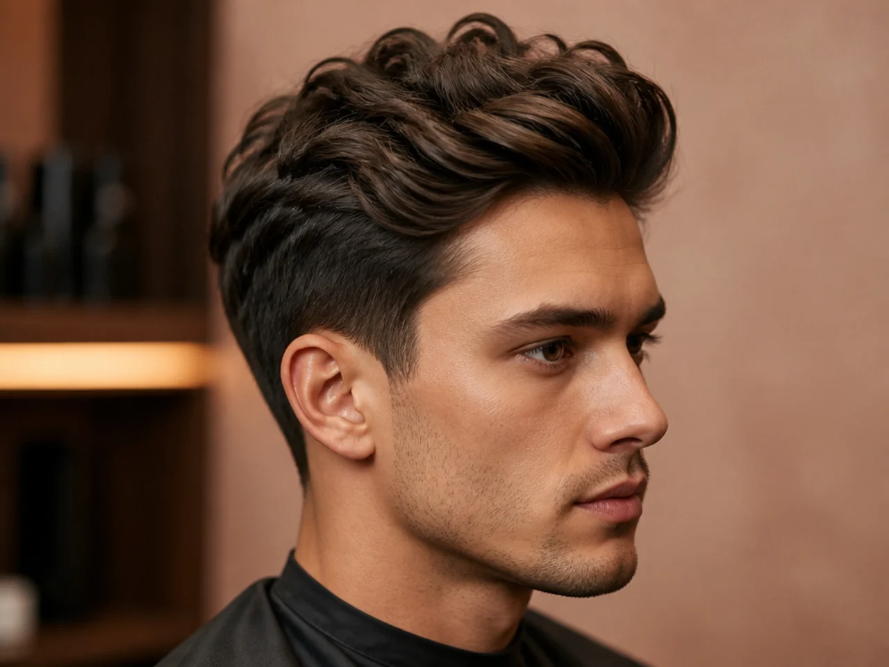 Wavy quiff with natural bend through the top and softly tapered sides