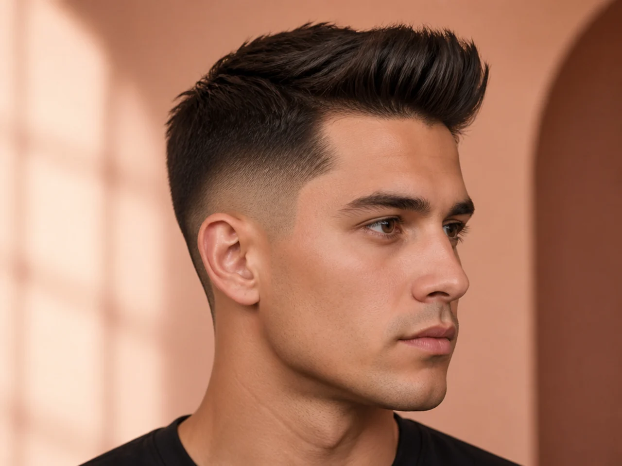 Straight quiff with sleek combed top and clean tapered sides