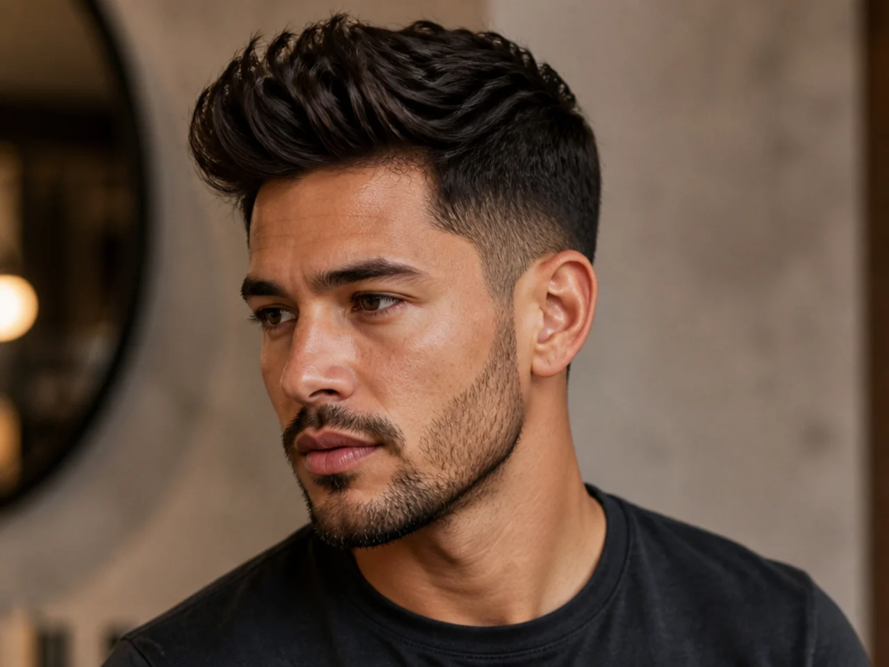 Textured quiff with piecey point-cut layers on top and clean tapered sides