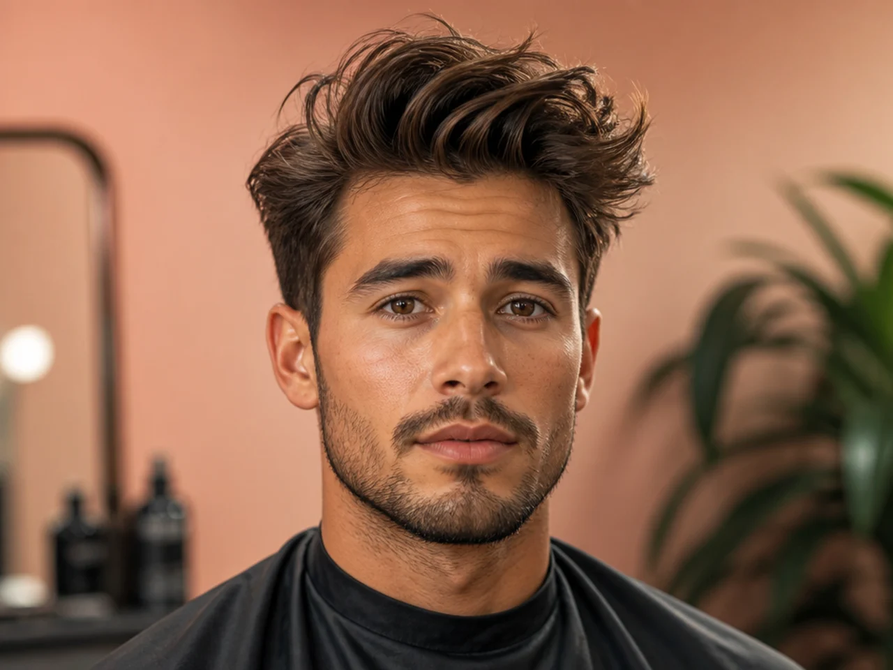 Messy quiff with tousled top and softly tapered sides