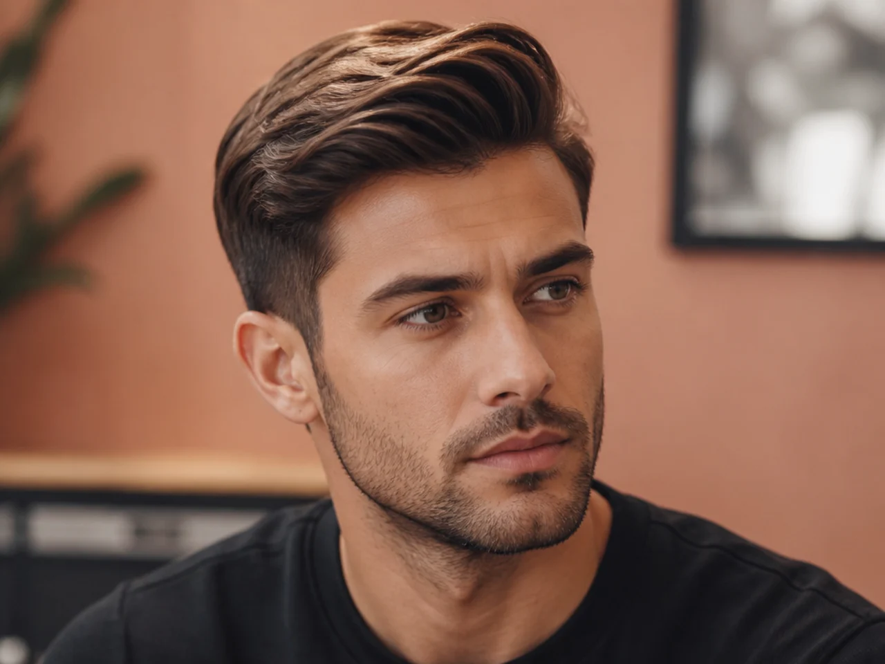 Side-swept quiff with front pushed to one side and clean tapered sides
