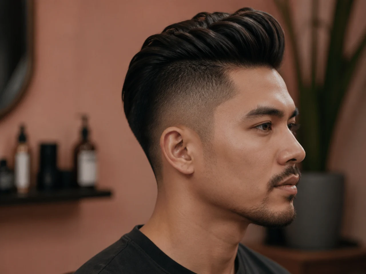 Undercut quiff with disconnected sides and long top swept up
