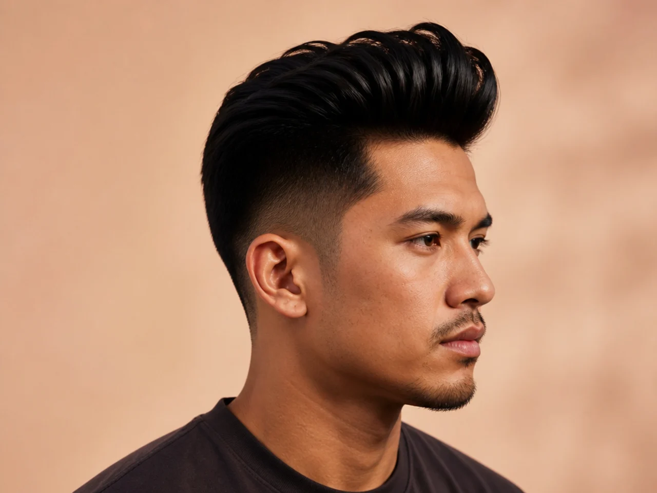 Pompadour-style quiff with high polished front and clean tapered sides