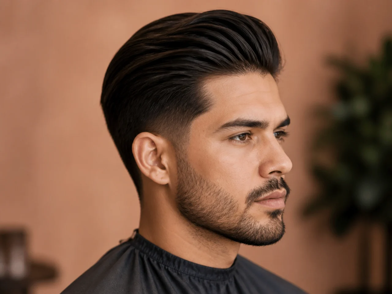 Slicked back quiff with combed shiny top and clean sides