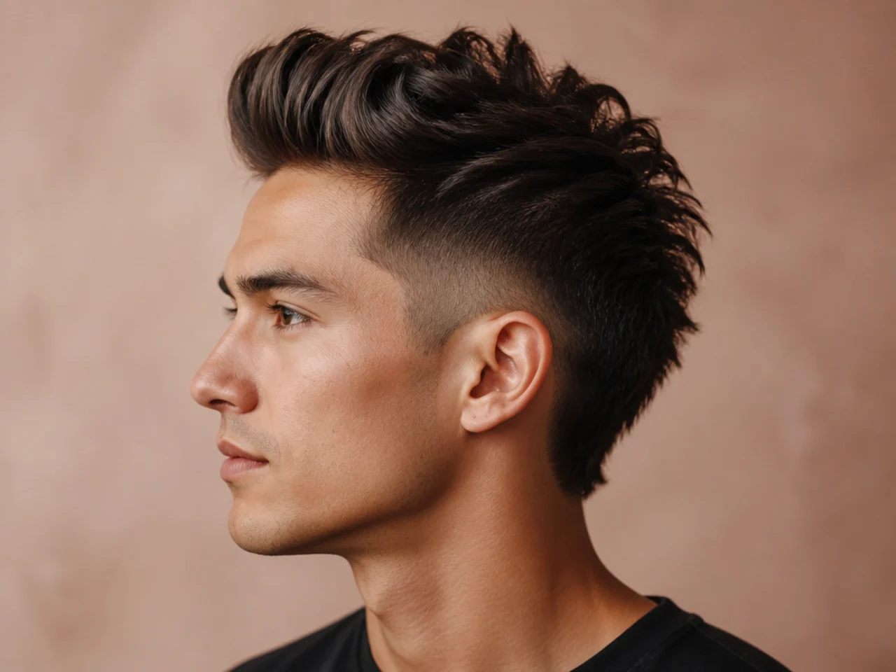 Faux hawk quiff with front pushed up and forward into a soft peak