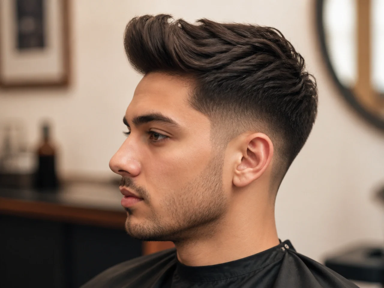 Barber and client discussing quiff reference photos in a modern barbershop