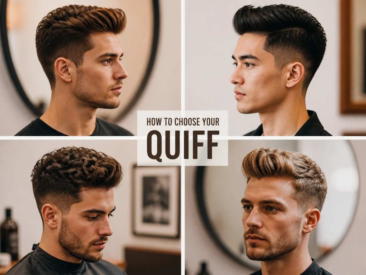 Three men with different face shapes wearing different quiff variations