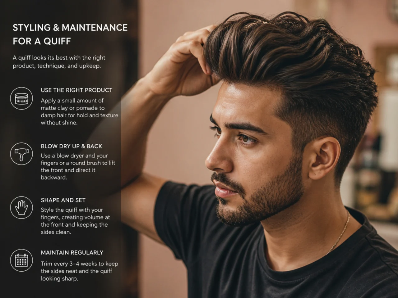Styling products for a quiff — matte clay, sea-salt spray, water-based pomade, blow dryer and round brush