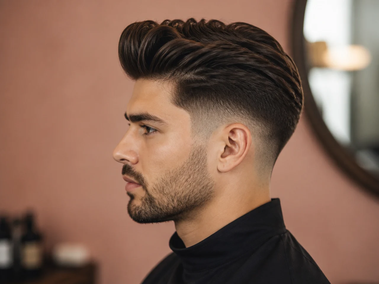 Side profile of a classic quiff showing lifted front, tapered crown, and short faded sides