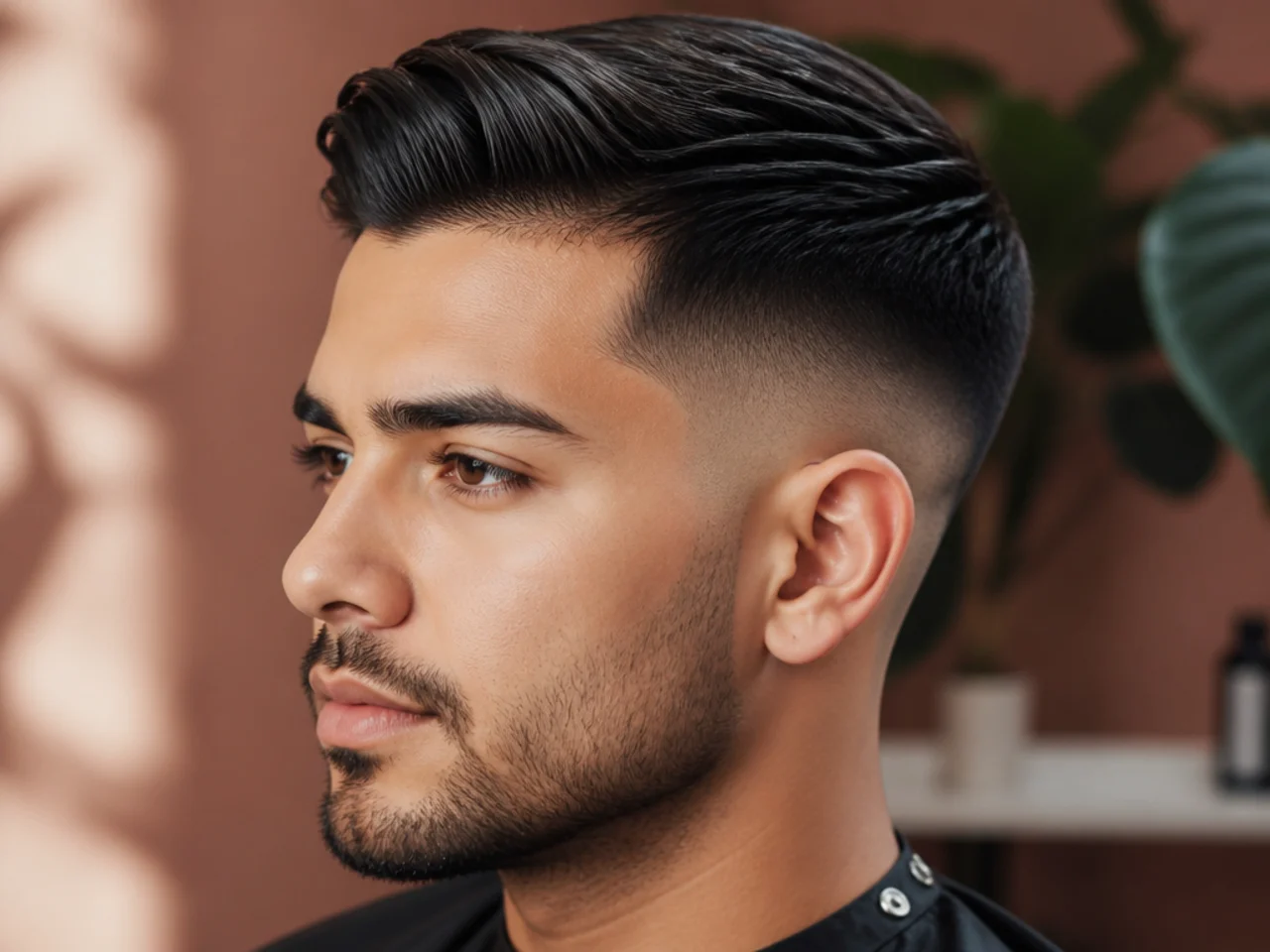 Comb over with a mid fade on a man with thick hair combed to one side