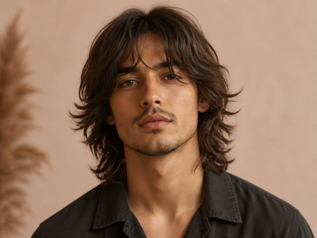Long layered shag on a man with thick wavy hair and a long forehead fringe