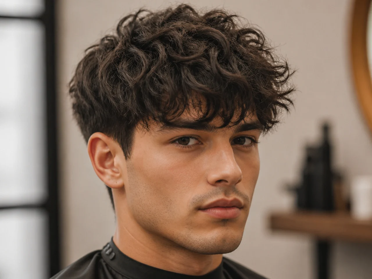 Messy textured fringe on a man with thick hair falling forward in piecey sections