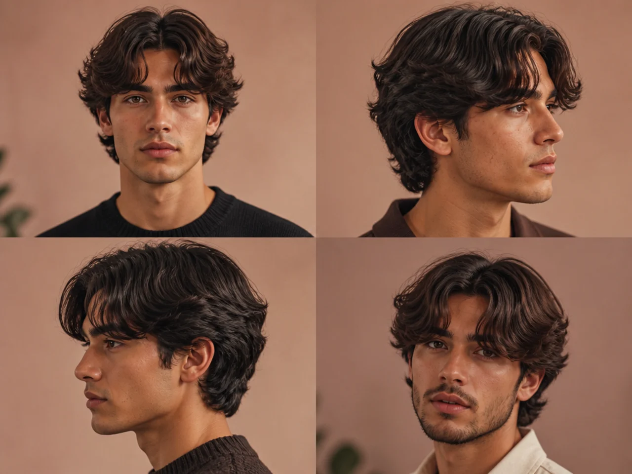 Curtain fringe haircut on a man with thick hair parted in the center falling to either side
