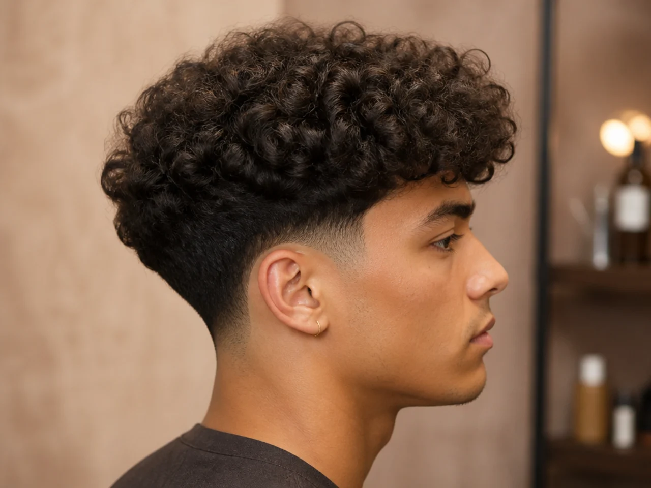 Broccoli haircut on a young man with thick curly hair and a high fade