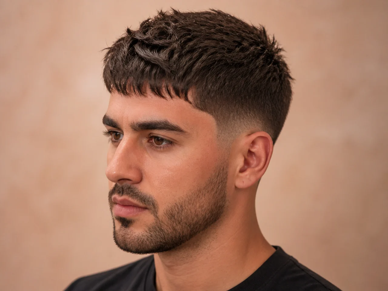 Textured crop with a mid fade on a man with thick dark hair and forward-swept top