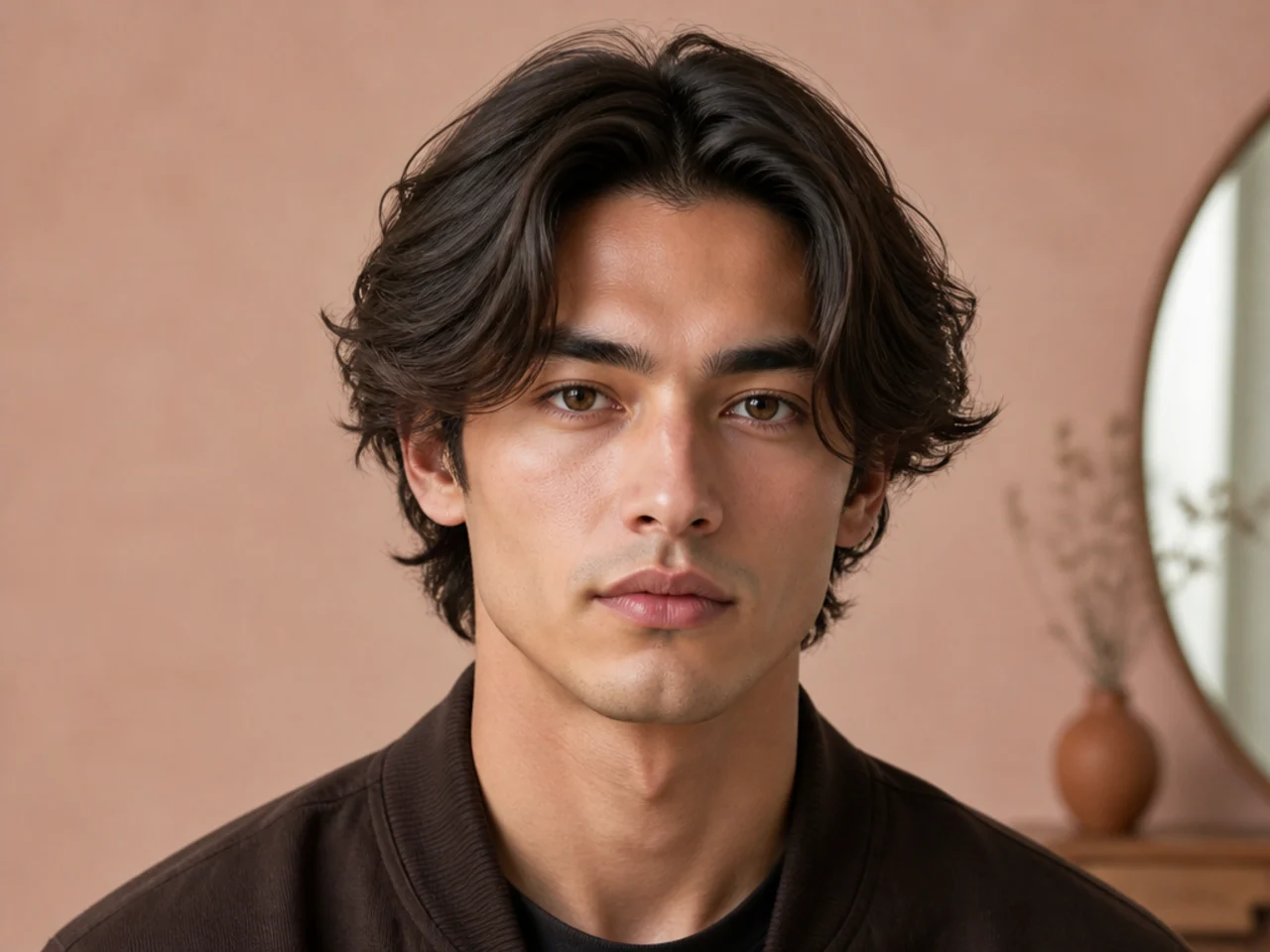 Layered middle part on a man with thick medium-length hair falling to either side