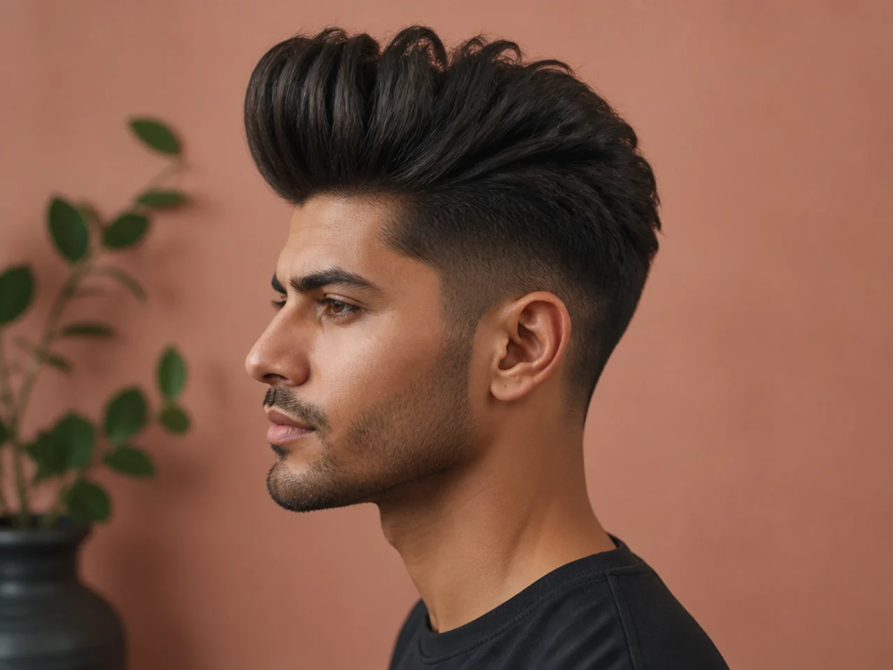 High volume quiff on a man with thick straight hair swept up and back