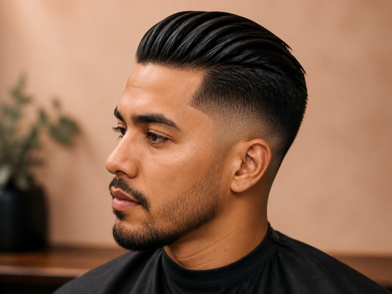 Slick back with a mid fade on a man with thick dark hair combed back cleanly