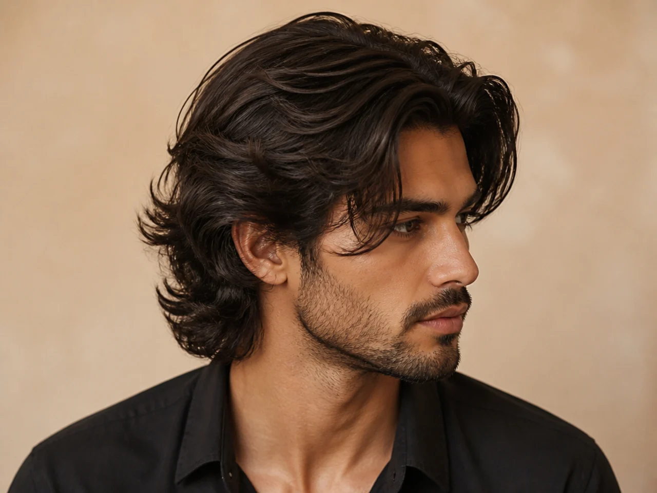 Layered flow haircut on a man with thick medium-length hair falling naturally back off the face