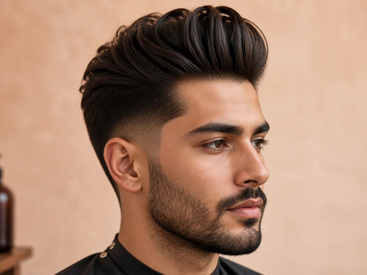 Modern pompadour with volume and a low fade on a man with thick hair
