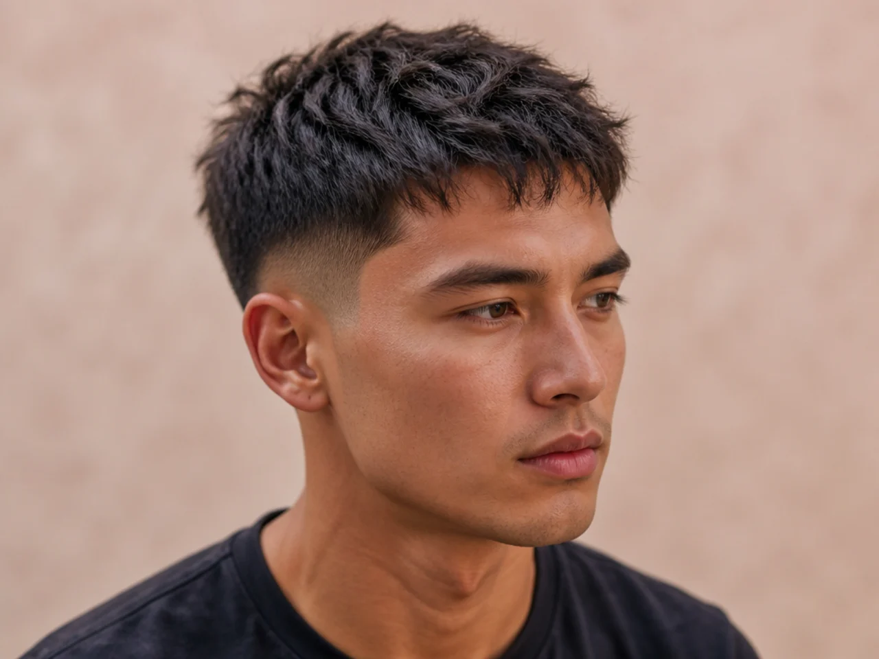 Textured crew cut on a man with thick dark hair, brushed forward for a modern read